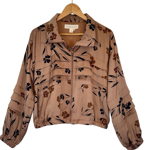 saltwater LUXE Jackets & Blazers - saltwater LUXE Floral Satin Zip Bomber Jacket Coat Tan Asherton Boho Festival M